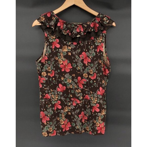 Lauren Ralph Lauren Floral Sleeveless Ruffle Top Womens XL Brown Fairy V-Neck - Picture 2 of 7